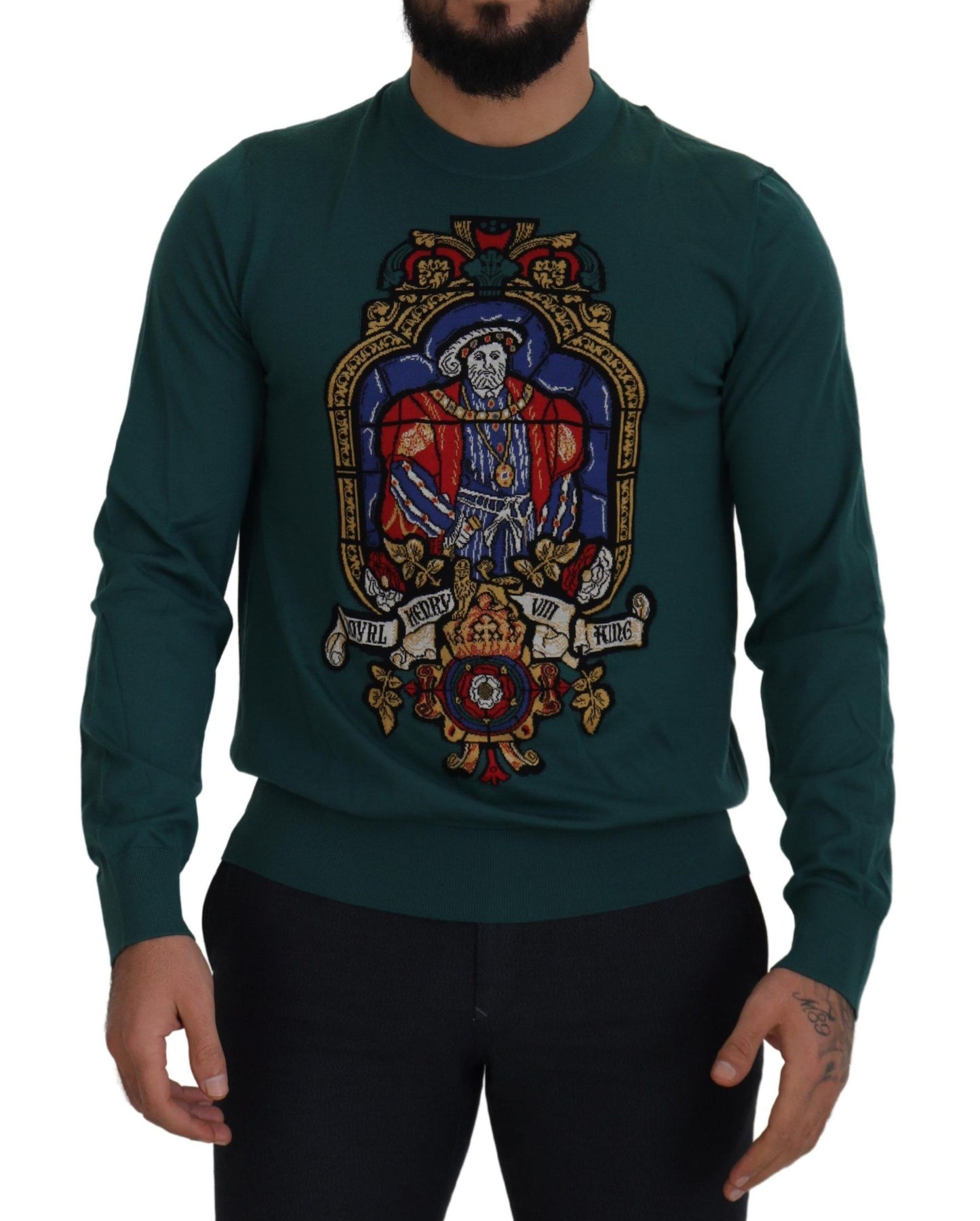 Regal Green Wool-Silk Blend Crewneck Sweater