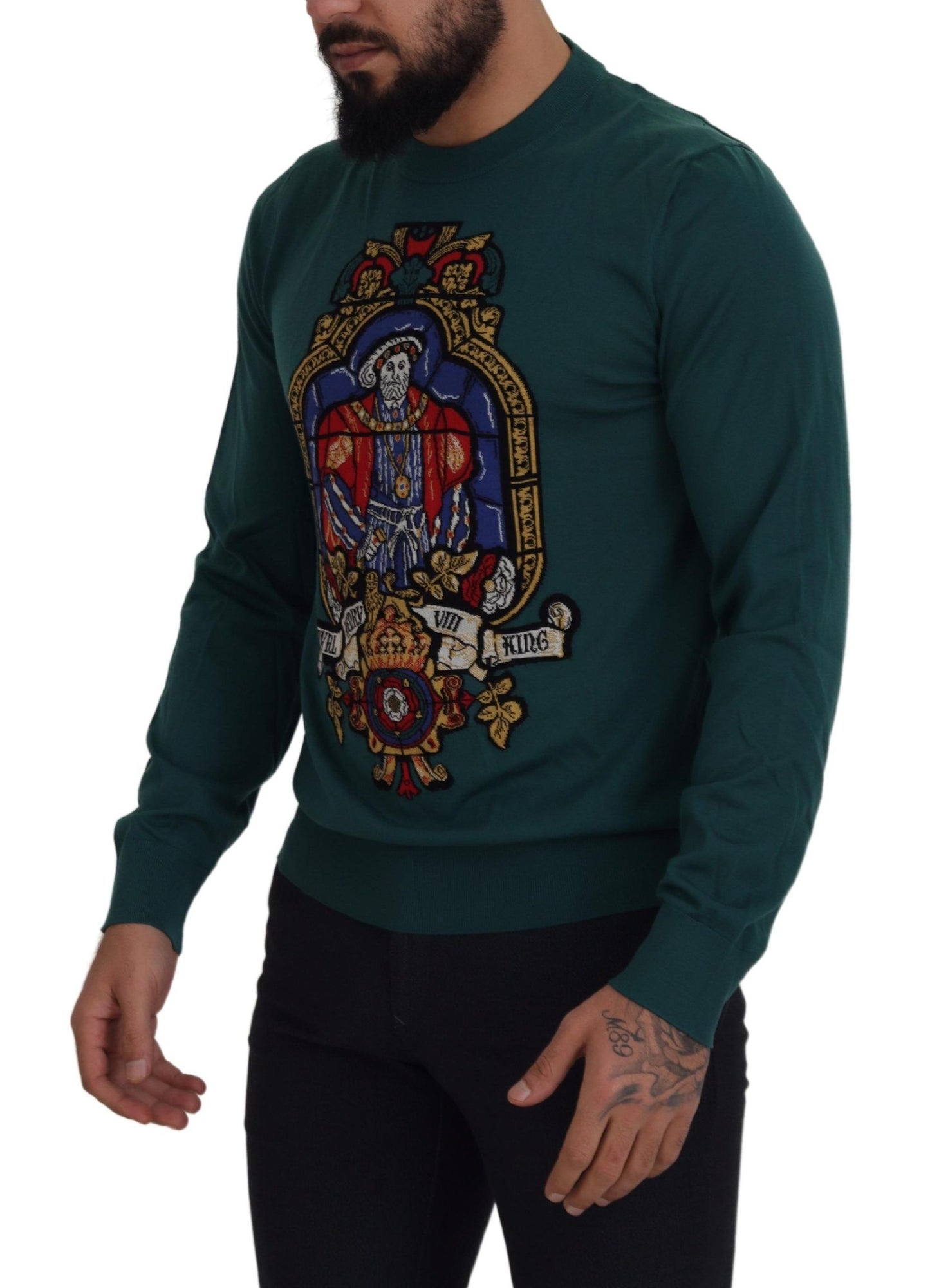 Regal Green Wool-Silk Blend Crewneck Sweater