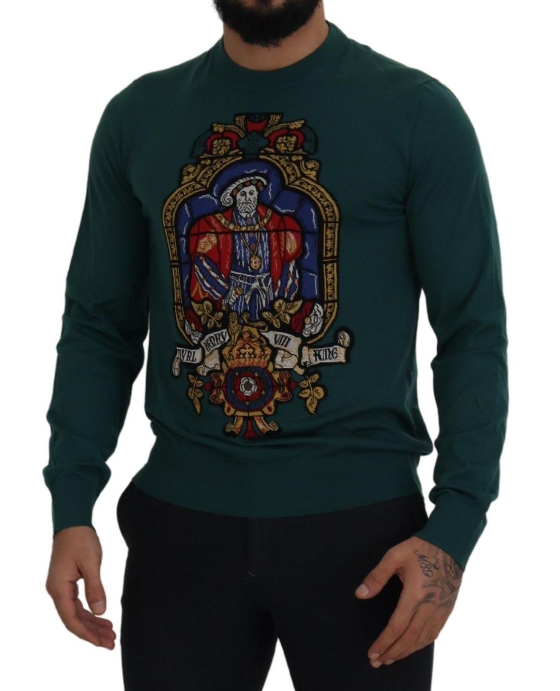 Regal Green Wool-Silk Blend Crewneck Sweater