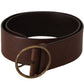 Brown Leather Wide Waist Logo Metal Round Buckle Belt