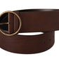 Brown Leather Wide Waist Logo Metal Round Buckle Belt