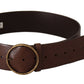 Brown Leather Wide Waist Logo Metal Round Buckle Belt