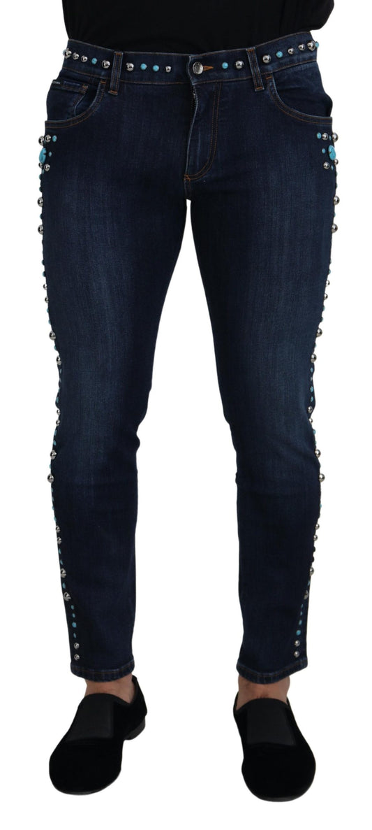 Blue Cotton Studded Low Waist Denim Jeans