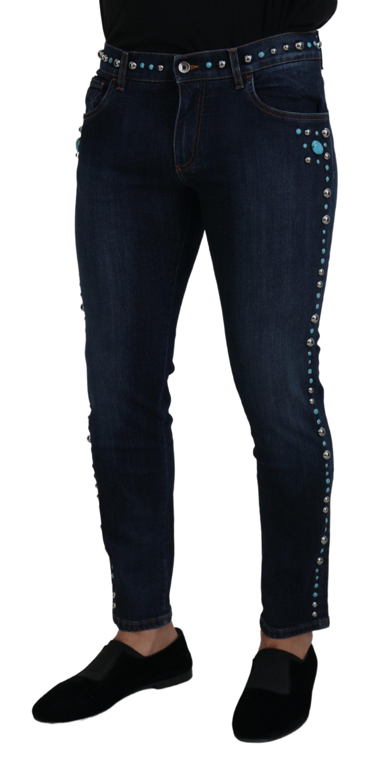 Blue Cotton Studded Low Waist Denim Jeans