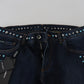 Blue Cotton Studded Low Waist Denim Jeans