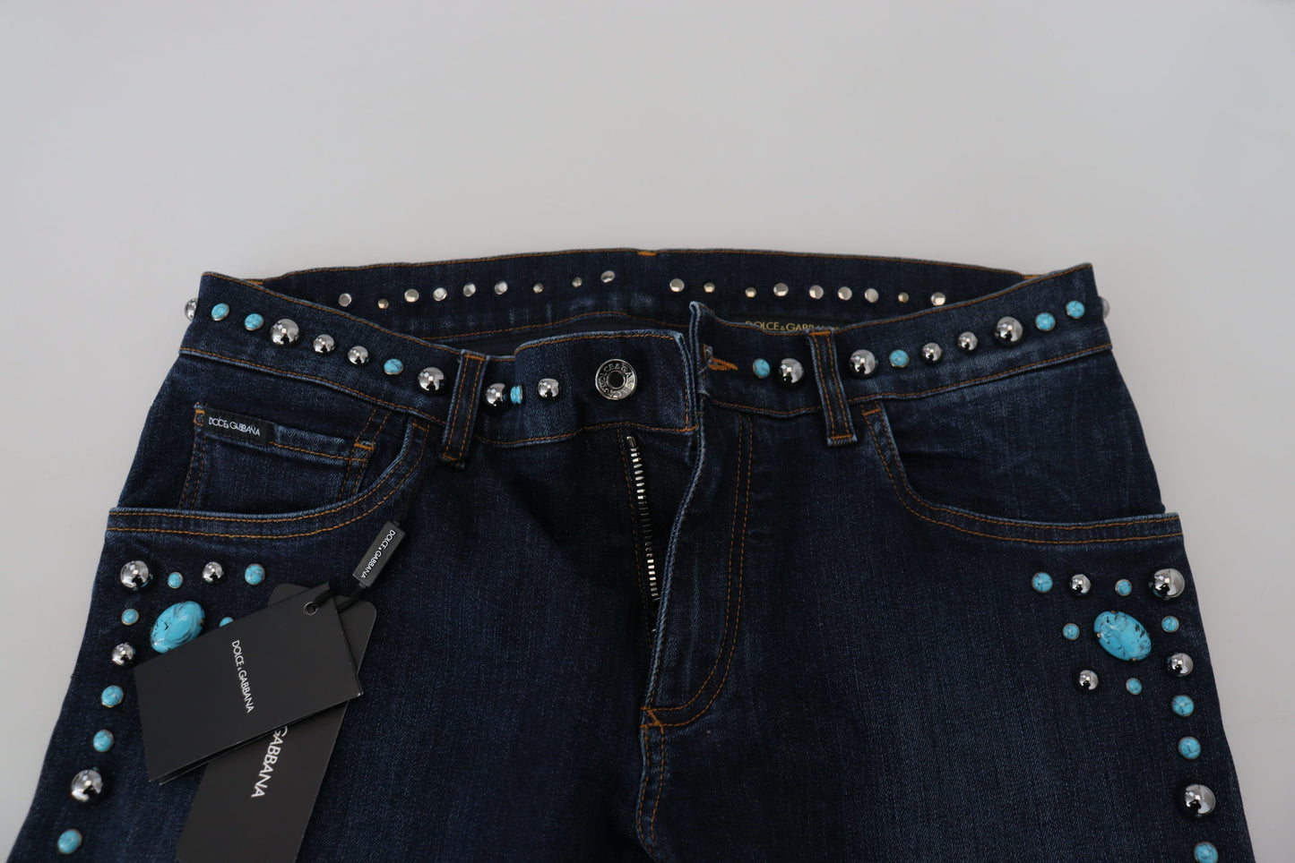 Blue Cotton Studded Low Waist Denim Jeans