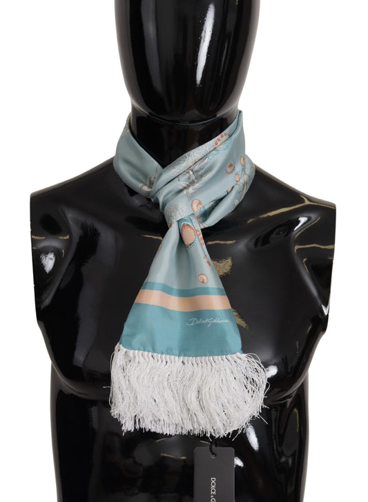 Blue Silk Shiny Shell-Print Neck Wrap Fringed Scarf