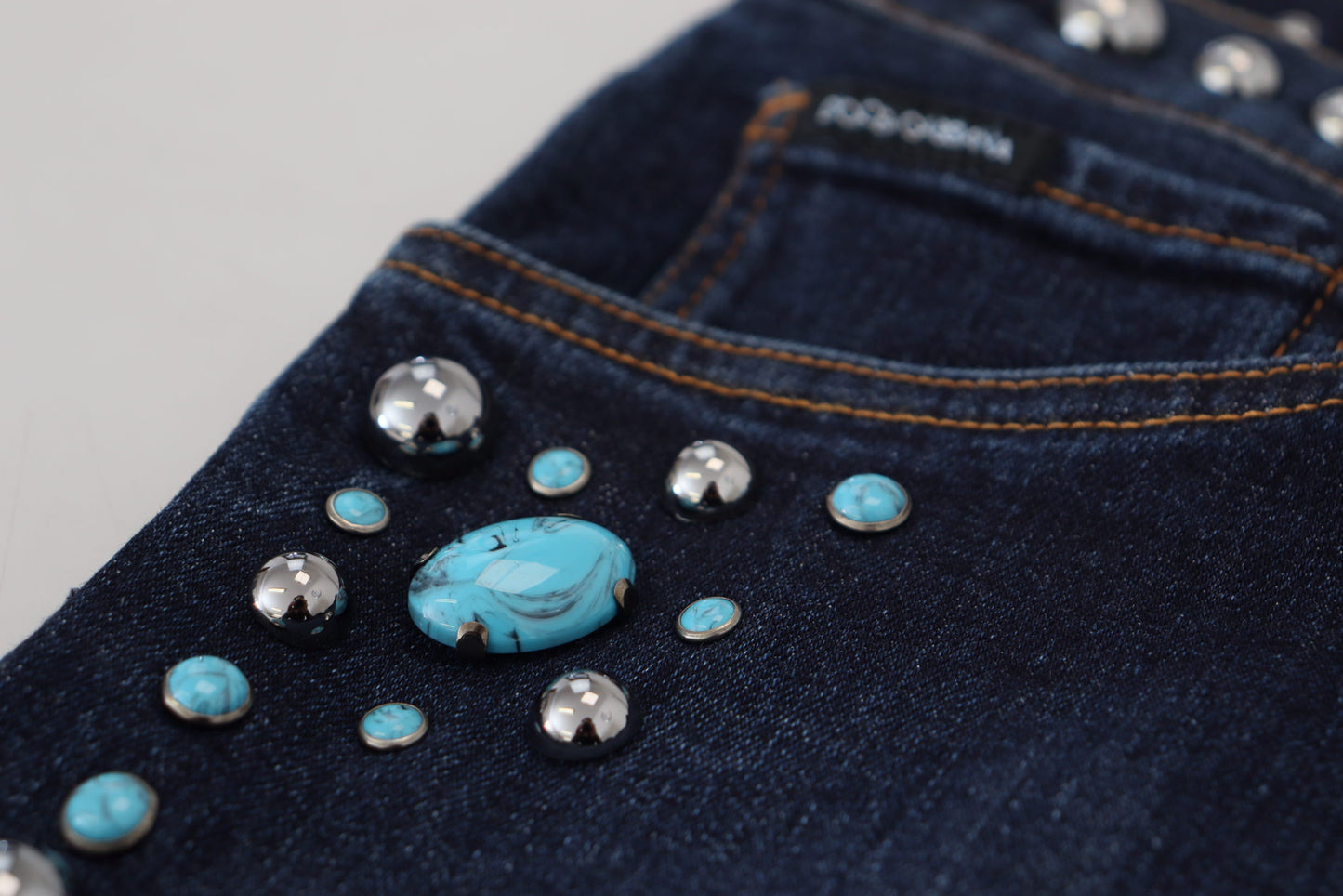 Blue Cotton Studded Low Waist Denim Jeans