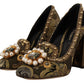 Gold Crystal Square Toe Brocade Pumps Shoes