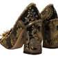 Gold Crystal Square Toe Brocade Pumps Shoes
