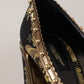 Gold Crystal Square Toe Brocade Pumps Shoes