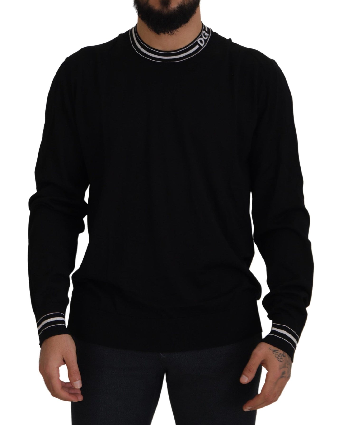 Elegant Black Virgin Wool Crewneck Sweater