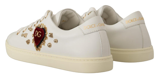 Chic White Sneakers with Gold Studs and Heart Detail