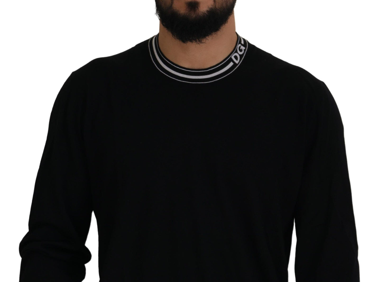 Elegant Black Virgin Wool Crewneck Sweater