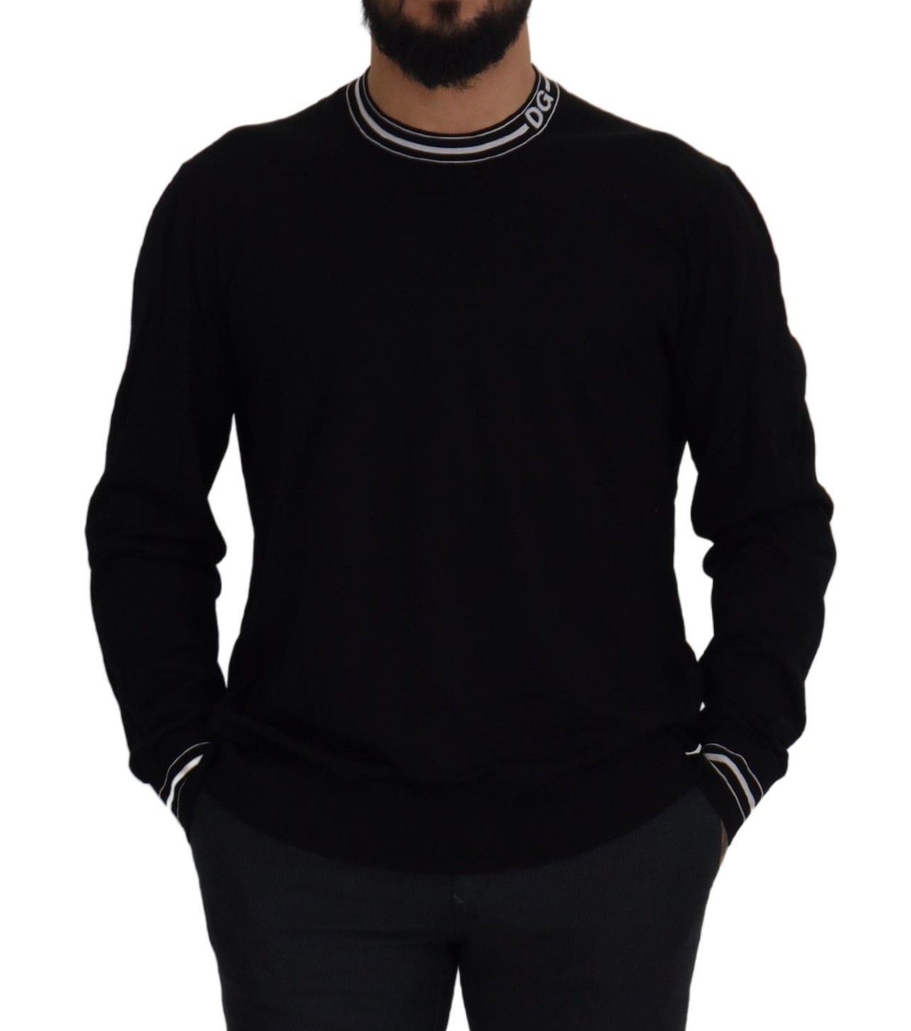 Elegant Black Virgin Wool Crewneck Sweater