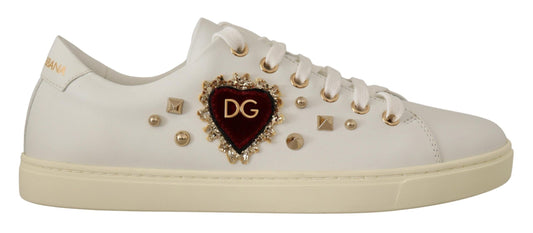 Chic White Sneakers with Gold Studs and Heart Detail