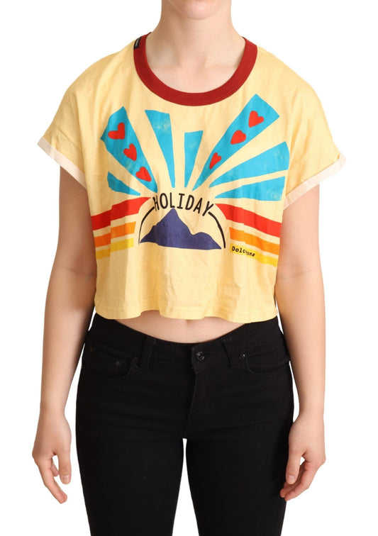 Chic Yellow Print Cropped Tee with Contrast Trim