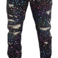 Black Multicolor Print Tattered Denim Jeans