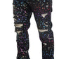 Black Multicolor Print Tattered Denim Jeans