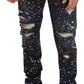 Black Multicolor Print Tattered Denim Jeans
