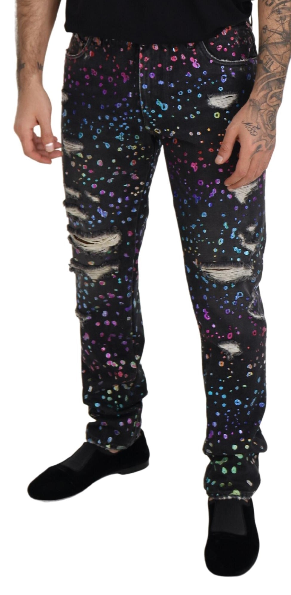 Black Multicolor Print Tattered Denim Jeans