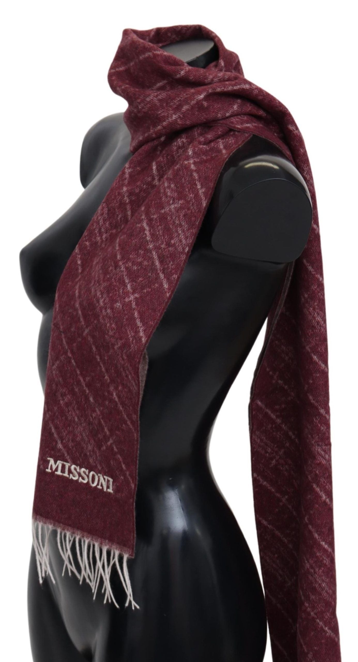 Plaid Cashmere Scarf with Fringes in Maroon