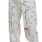 White Cotton Color Splash Print Denim Pants