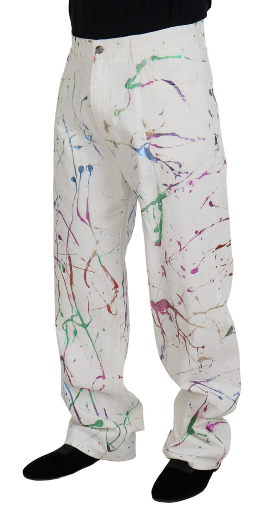 White Cotton Color Splash Print Denim Pants