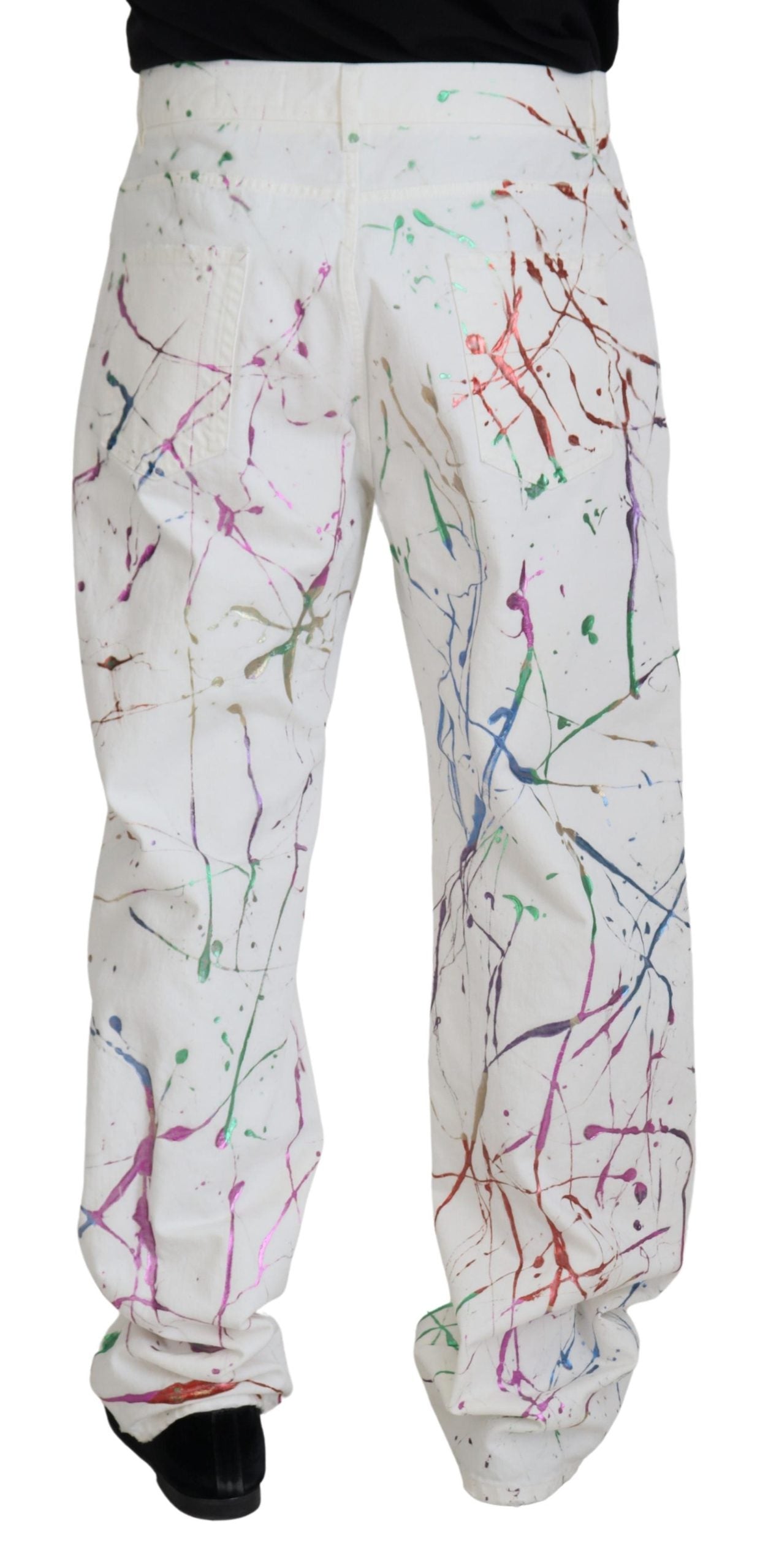 White Cotton Color Splash Print Denim Pants