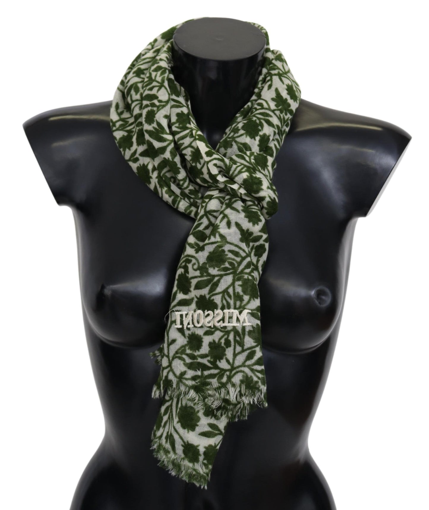 Elegant Green Wool Scarf with Floral Detail