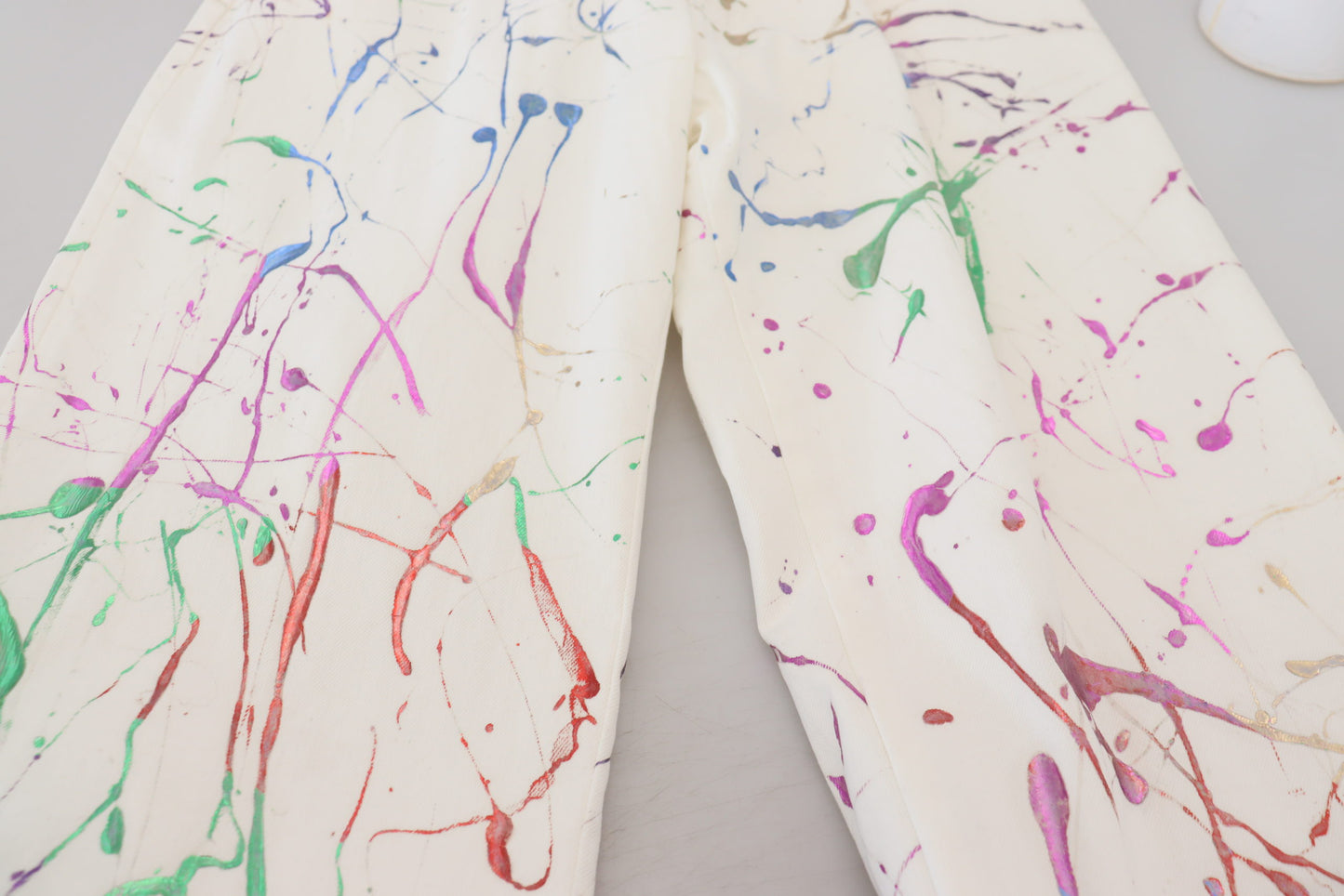 White Cotton Color Splash Print Denim Pants