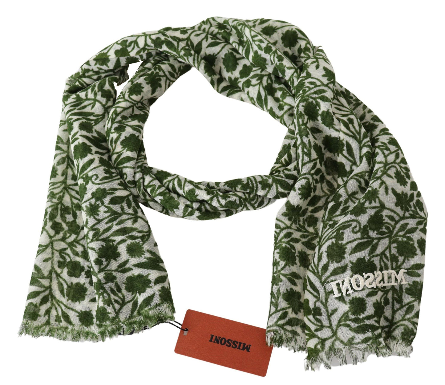 Elegant Green Wool Scarf with Floral Detail