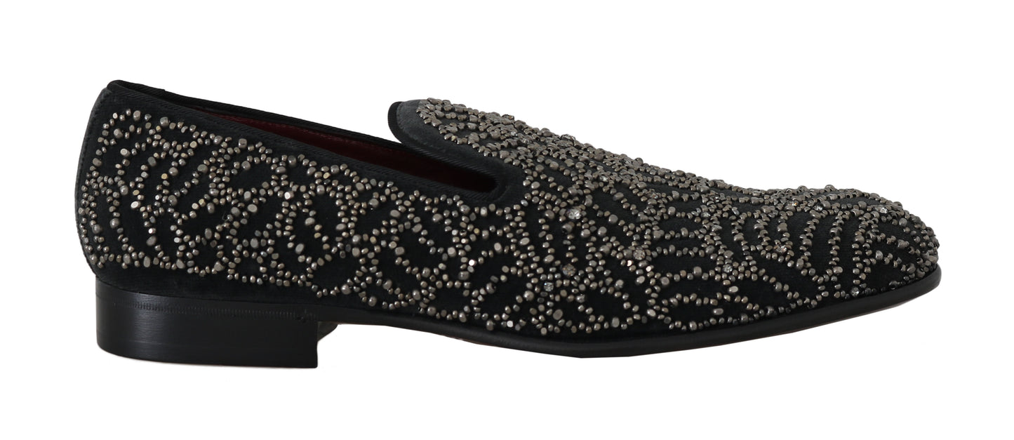 Elegant Black Velvet Loafers with Crystal Detail