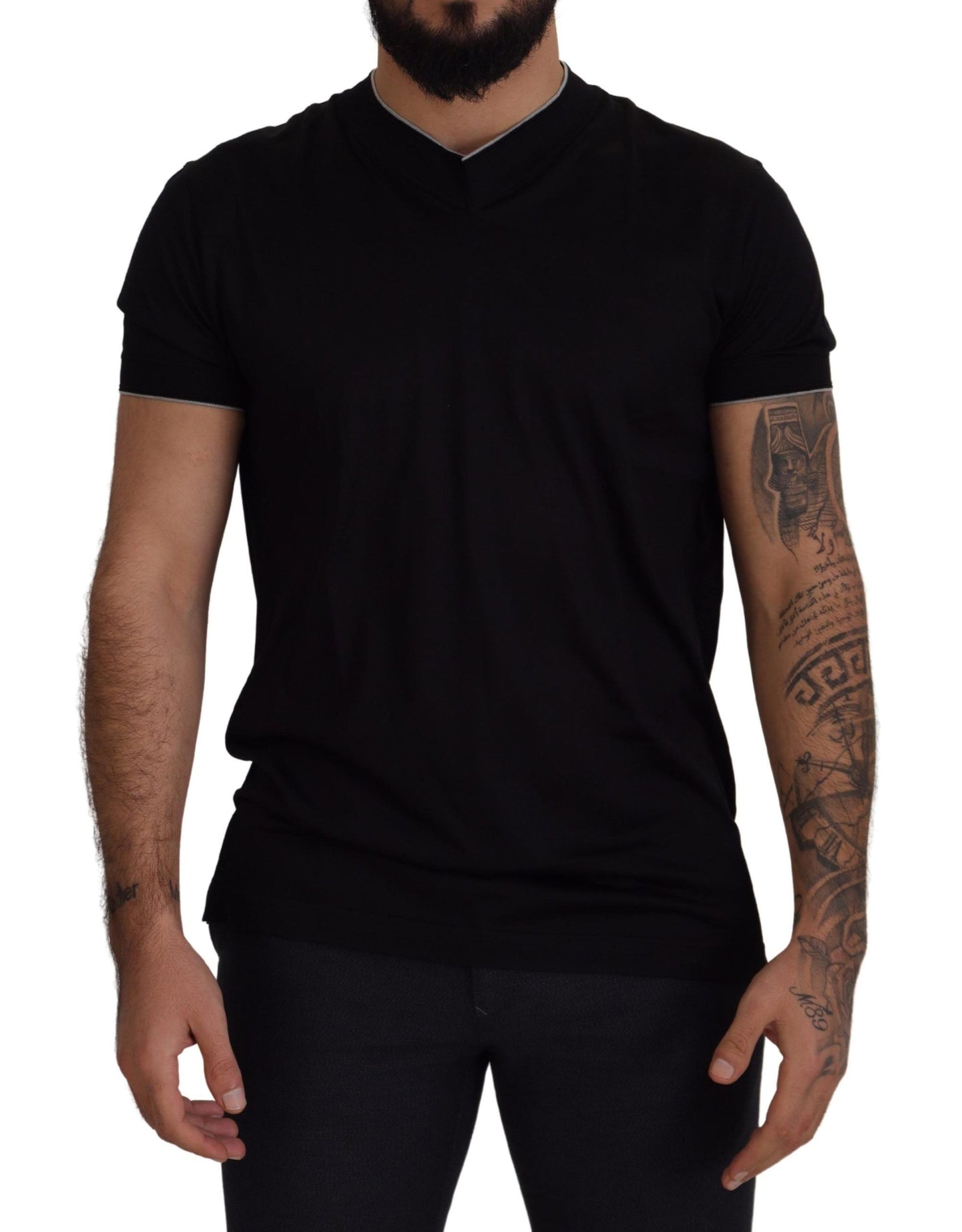 Black Silk V-Neck Short Sleeve T-shirt