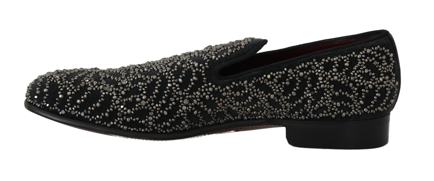 Elegant Black Velvet Loafers with Crystal Detail