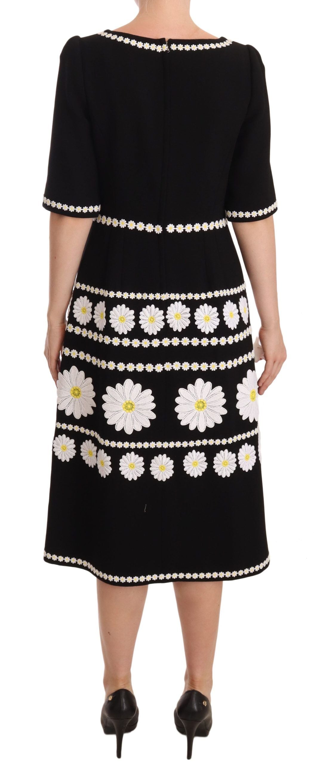 Chic Black Daisy Embroidered A-Line Midi Dress