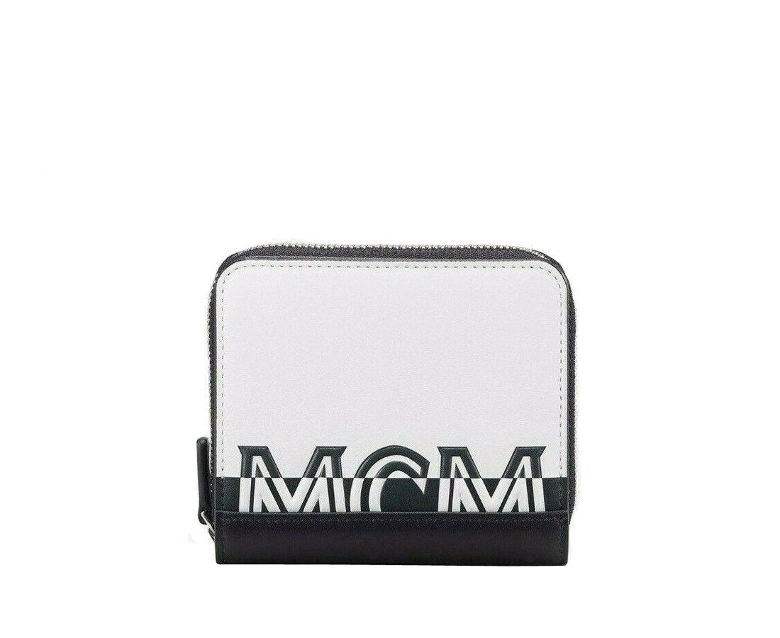 MCM Women's White Black Contrast Logo Small Zip Wallet