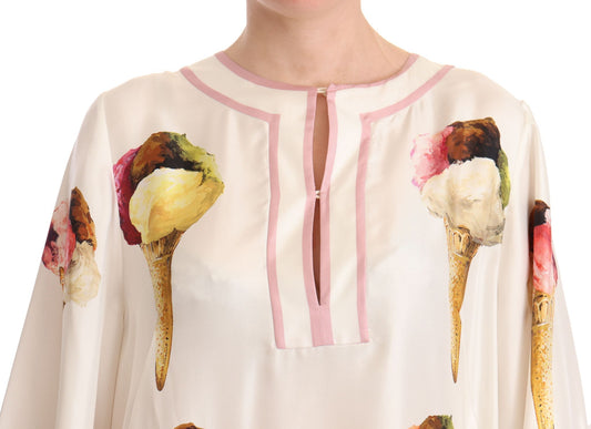 White Silk Ice Cream Print Maxi Kaftan Dress