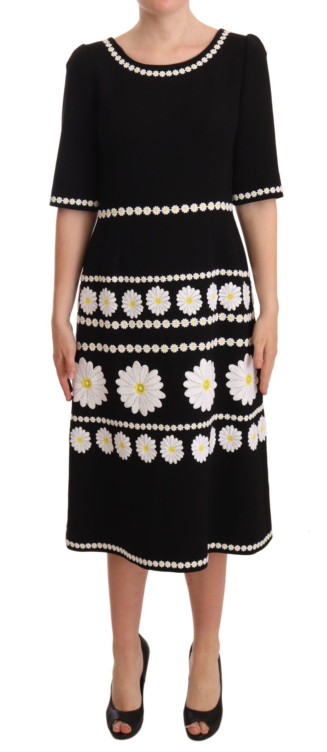 Chic Black Daisy Embroidered A-Line Midi Dress