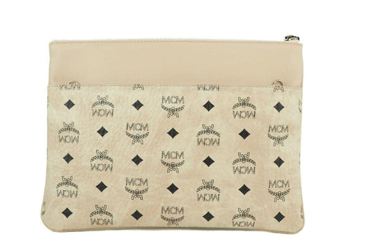 Portuna Medium Visetos Beige Coated Canvas Flat Pouch Crossbody Clutch Bag