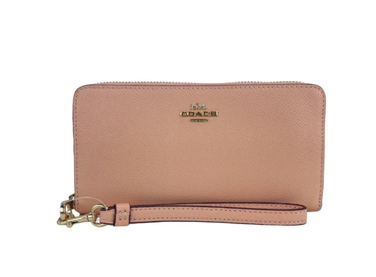 (C3441) Long Faded Blush Crossgrain Leather Zip Around Wristlet Wallet