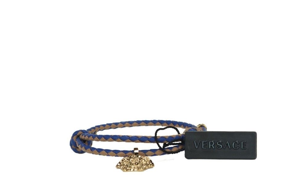 Braided Brown Blue Smooth Leather Adjustable Small Medusa Charm Bracelet