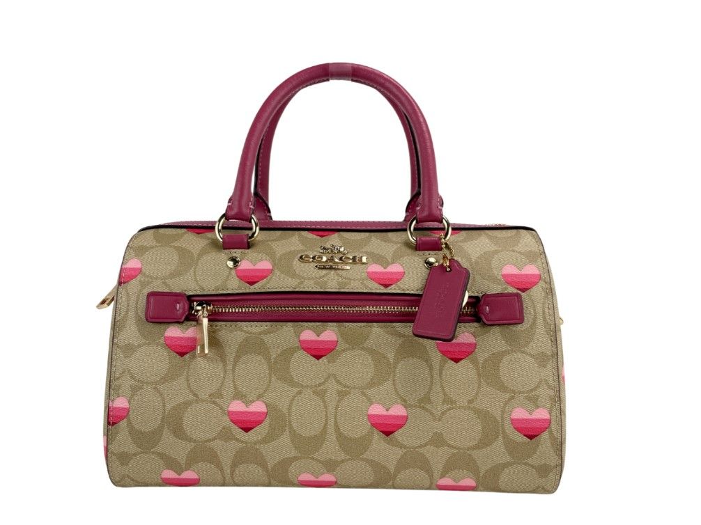 (CA248) Heart Print Signature Leather Rowan Medium Satchel Handbag Purse