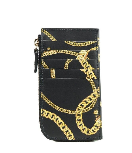 Black Smooth Leather Medusa Head Chain Organizer Zip Card Case Wallet