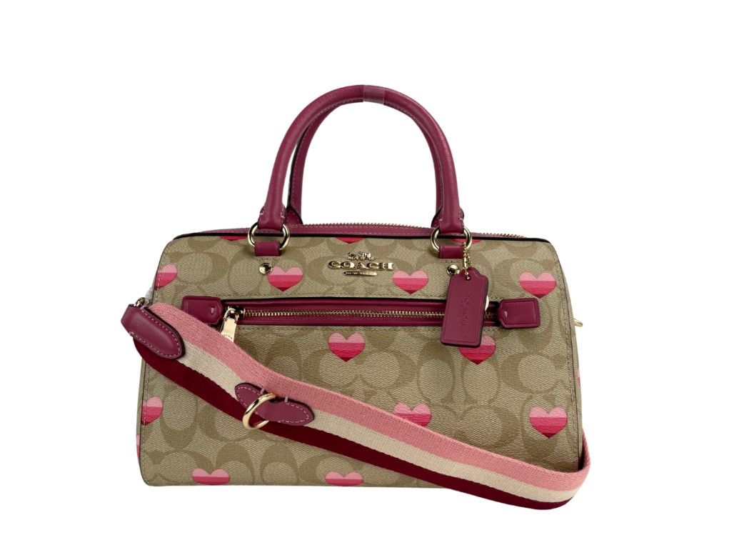 (CA248) Heart Print Signature Leather Rowan Medium Satchel Handbag Purse