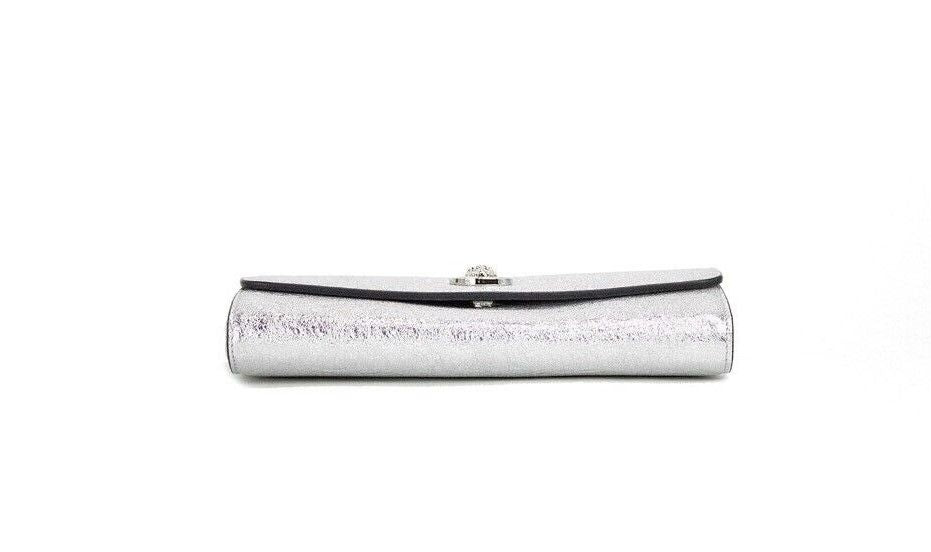 Small Metallic Silver Lamb Leather Medusa Clutch Crossbody Wallet Bag