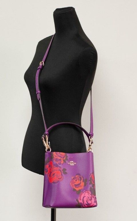 Mollie 22 Small Pebbled Leather Floral Print Bucket Handbag Purse