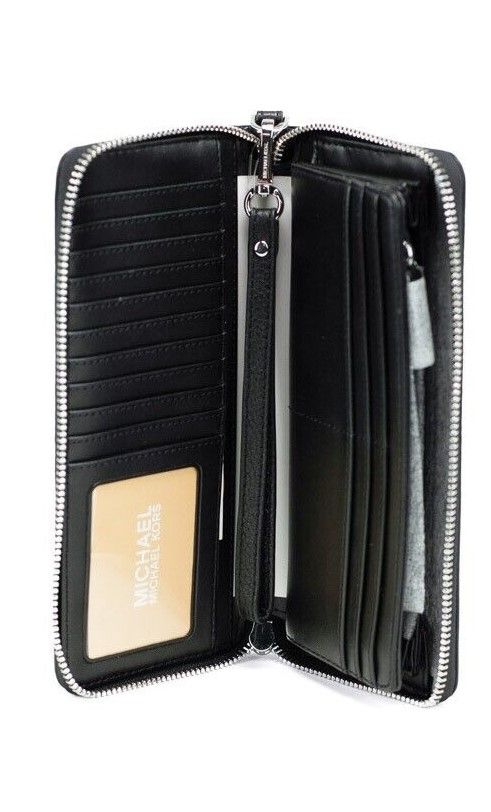 Jet Set Travel Large Black Leather Silver Continental Wrist Wallet