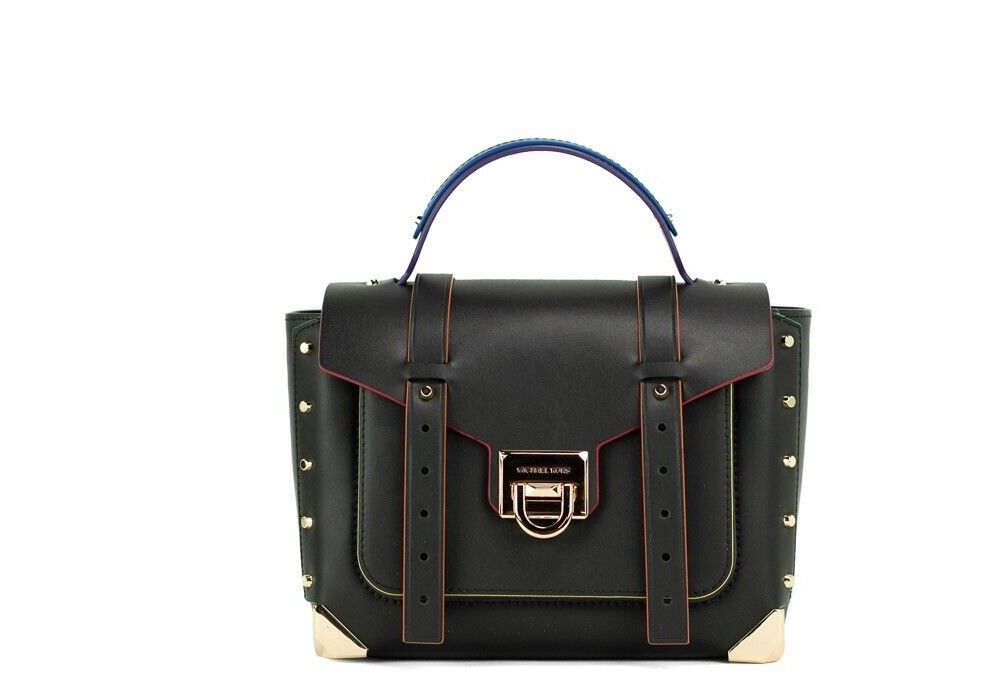 Manhattan Medium Black Contrast Trim Leather Satchel Purse Handbag