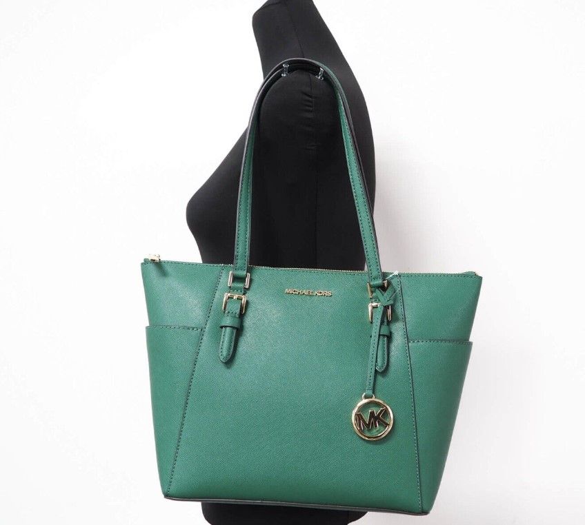 Charlotte Large Saffiano Leather Jewel Green Top Zip Tote Handbag